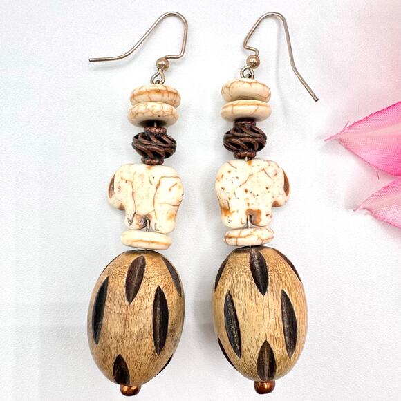 Tribal Native Folk Art Carved Howlite Elephant Nut Chunky Big Statement Earrings - Picture 1 of 12
